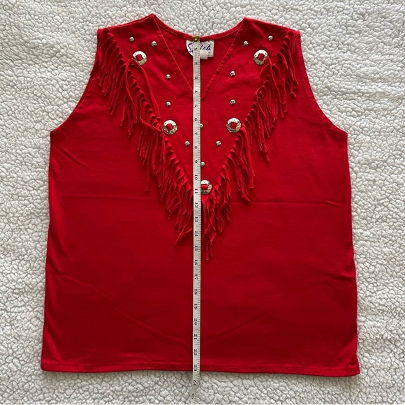 VTG red fringe western sleeveless tank top V tee star conchos silver buttons L - Picture 7 of 9